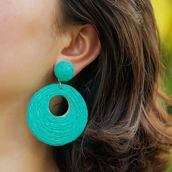 Teal Blue Rattan Earrings Chunky Wicker Raffia Dangle Hoop Beachy Vacation New - Picture 2 of 8